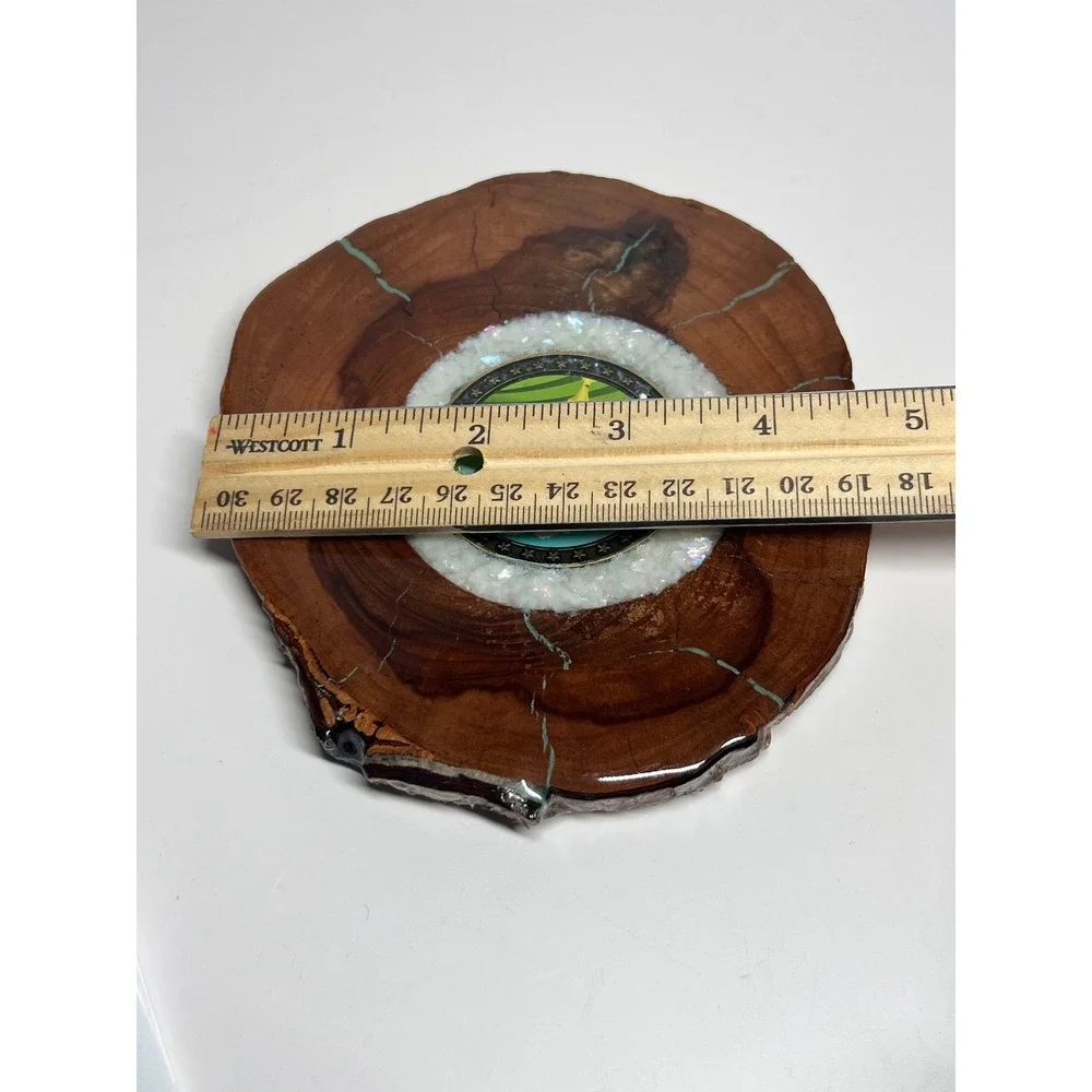 Handmade Wood Slice Golf Coaster Turquoise Inlay Resin Gloss Cork Back 4.75